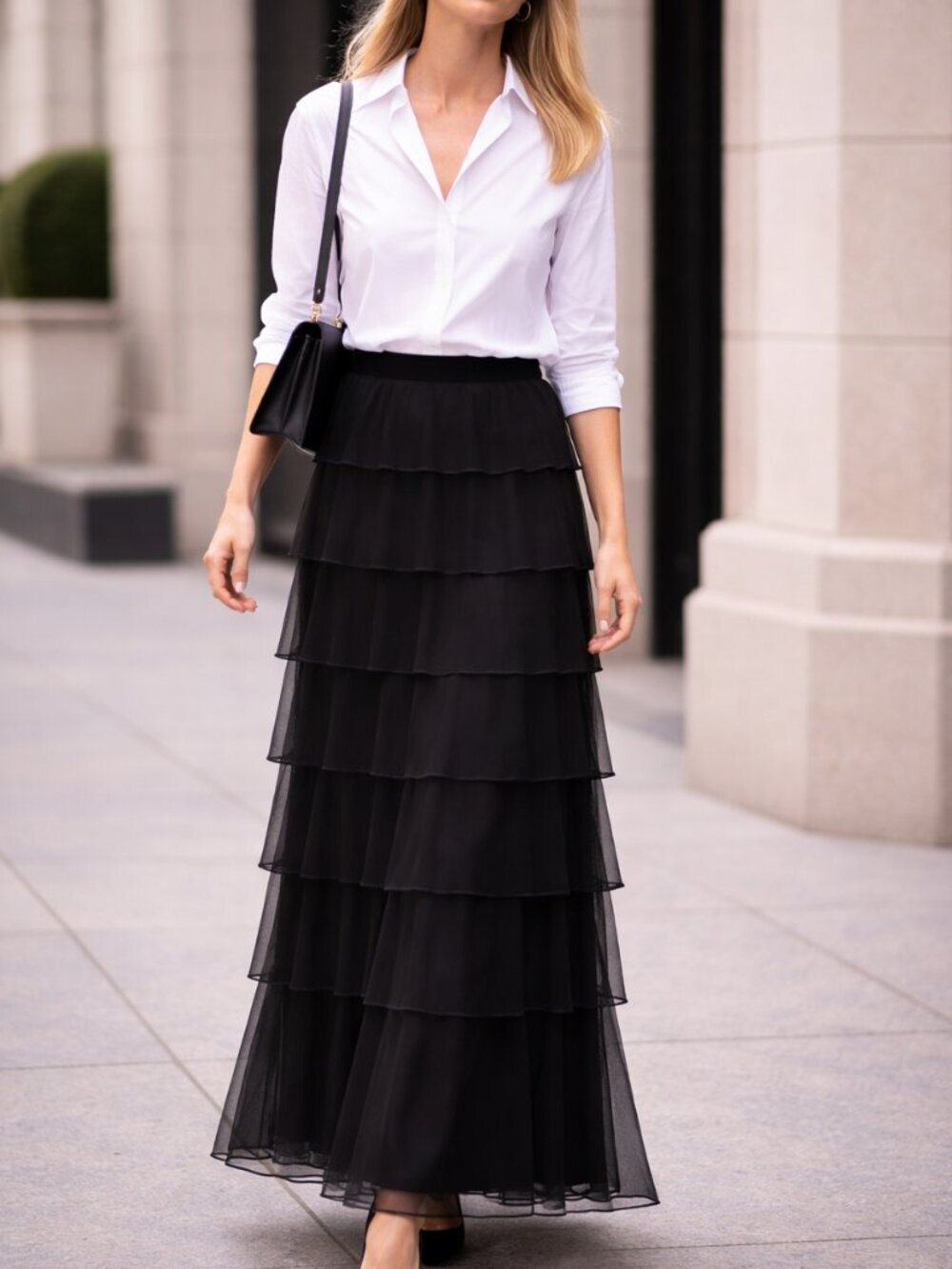 Vintage Tadashi 100% Silk Chiffon Tiered Maxi Skirt 90s Formal Evening Black 6